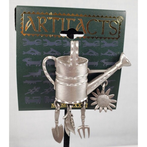 Vintage JJ Jonette Pewter Watering Can Dangle Flower Fork Shovel Veggie Brooch - Picture 2 of 7